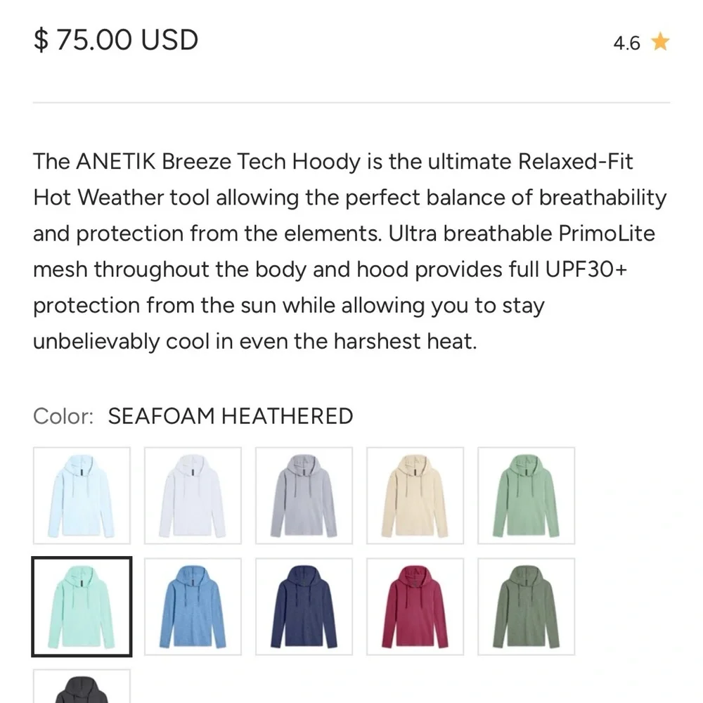 ANETIK Breeze Tech Hoody Seafoam Heather Surf Fish Outdoors $75 - Picture 6 of 11